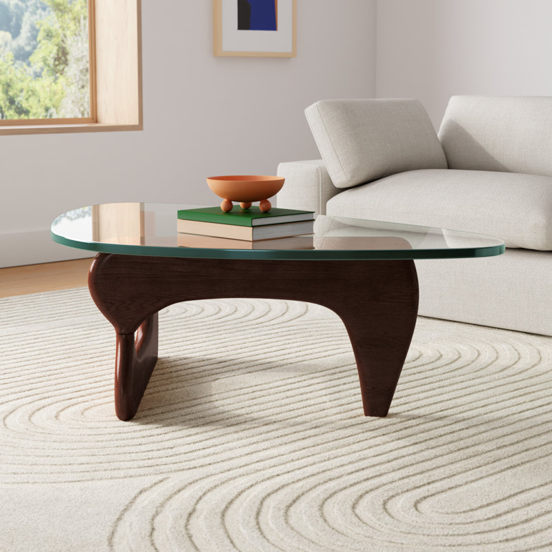 Red Barrel Studio® Triangle Glass Coffee Table with Wooden Base